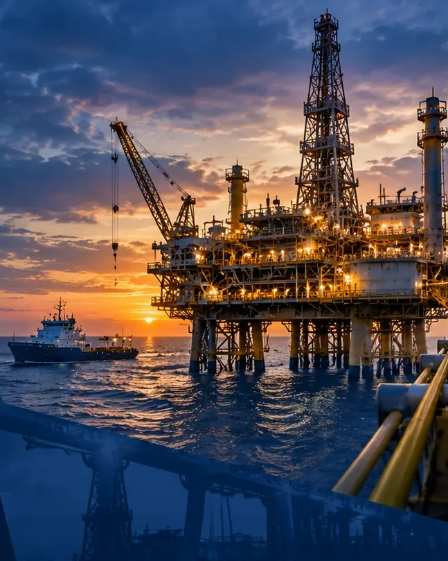 Offshore production platform at dusk with a supply vessel alongside and pipework in the foreground